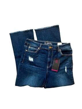 No Boundaries Junior's High Rise Cropped Flare Wash Blue Distressed Size 13